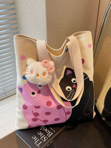 Large Capacity Cartoon Canvas Tote Bag Womens Summer New Casual Handbag Student Book Single Shoulder Tote Bag Soft Polyester
