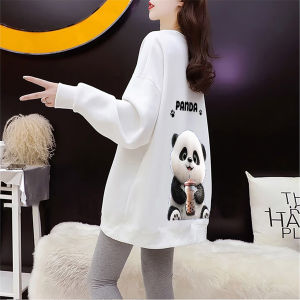 Fashionable Korean Style Pure Cotton Sweatshirt Loose Fit Spring Autumn Thin Female Clothing Panda Pattern round Neck Long Sleeve