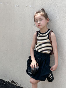 Korean Style Baby Girls Sleeveless round Neck Striped T-Shirt Summer Fashionable Color Block Vest Top Cotton Material