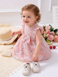 Bé Màu Hồng Ren Thêu Đầm Công Chúa Cho Bé Gái Nút Thắt Bướm Váy Lưới Dịp Đặc Biệt Áo Choàng Trẻ Sơ Sinh Sinh Nhật Bộ Trang Phục 0-1Y