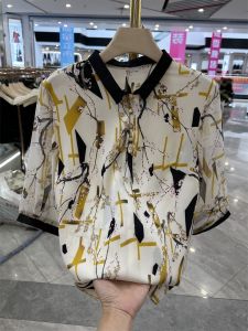 เสื้อเชิ้ตผ้าชีฟองแขนสั้นพิมพ์ลายคอปกแฟชั่นสำหรับคุณแม่ในฤดูร้อน เสื้อเชิ้ตผู้หญิงวัยกลางคนและผู้สูงอายุที่สวมใส่สบายและสง่างาม