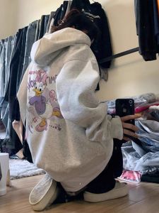 สไตล์อเมริกัน ผู้หญิง ฤดูใบไม้ผลิ ฤดูใบไม้ร่วง บาง เสื้อฮู้ด สไตล์ขี้เกียจ โอเวอร์ไซส์ เสื้อแจ็คเก็ต ใส่สบาย หลวม แขนยาวพอดี การ์ตูน พิมพ์