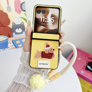 szhaiyu | Cute Cartoon Sausage Dog PU Leather Phone Case for Motorola Razr 70+ 70 60 50 Ultra Wrist Strap Hinge Protection Cover Women