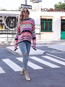 Spring Autumn Womens Knit Pullover Sweet Rainbow Bar Sweater Women Elegant Loose Long Sleeve Tops Korean Fashion Lady Clothing