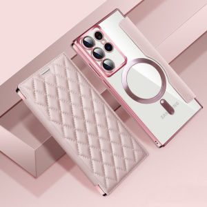 CrashStar With Lens Films For MagSafe Rhombus Leather Flip Phone Case For Samsung Galaxy S25 S24 S23 S22 Ultra Plus + S23 FE A16 A06 A55 A35 A15 A05S Wireless Charging Phone Casing Transparent Shockproof Cover With Full Cover Protection