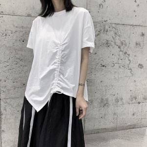 Original Design Womens T-Shirt Summer New Irregular Drawstring Short Sleeve Solid Color Half Sleeve Top Asymmetrical Loose Fit