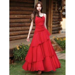 French Style Red Asymmetrical Hem Blouse Dress Casual High Waist Summer Breathable V-neck A-line Skirt for Beach Holiday