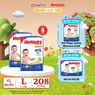 [12-17.08 GIẢM THÊM 90K] Combo 2 Gói Tã/bỉm quần HUGGIES SKINCARE MEGA JUMBO size L100+4 miếng
