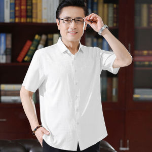 Silk Dad Shirt Mens Casual Summer Wear Short Sleeve Business Gentleman Style Pure Color Square Collar Loose Fit Shirt
