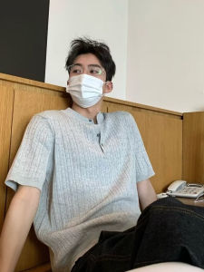 Japanese Style Knitted Solid Color Overhead Button Polo Shirt Short Sleeve Men Summer High End Henry Collar Design Trendy Top