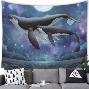 VIKAMA Watercolor Whale Orca Tapestry Starry Sky Ocean Animal Aesthetic Wall Art Bedroom Dorm Living Room Nautical Home Decor