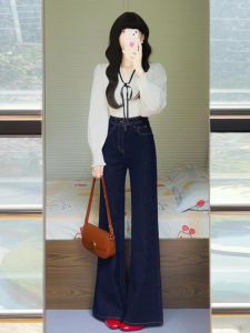 Non-Fading Denim Blue Wide Leg Jeans Womens Loose Slimming High Waist Long Pants Casual Style Multi-Pocket Button Zipper