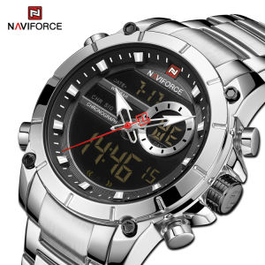 NAVIFORCE Analog Watch for Men Fashion Casual Sport Stainless Steel Wristwatch Multifunction Chronograph Dual Display Waterproof Luminous Gold Watch NF9163