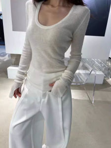 Gray Knitted Long Sleeve Low Collar Womens Inner Wear Base Shirt Design Sensation Slim Fit Top Commute Korean Style Fashion