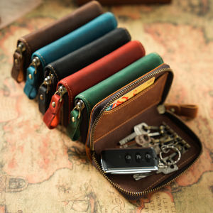 Creative Key Case Zipper Cowhide Car Key Case Hook Portable Anti-Lost Card Case Two-in-One