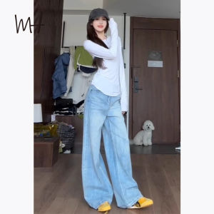 Quần Jeans Denim Ống Rộng Cạp Cao Màu Xanh Nhạt Thời Trang Mùa Xuân Quần Dài Đến Sàn Ôm Dáng Thường Ngày Cho Nữ