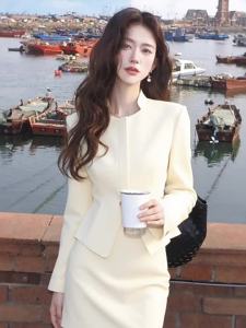 QFN | Korean Style Elegant Beige Waist Accentuating Top And Skirt Fall Outfit
