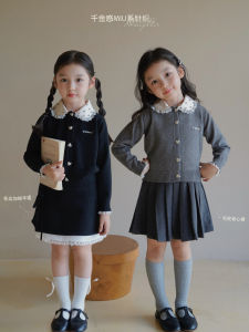 Áo Len Cardigan Ren Đính Kim Cương Cho Bé Gái Mùa Thu Đông Áo Len Nhung Váy Xếp Ly Váy Nửa Thân Trên Thời Trang Trẻ Em