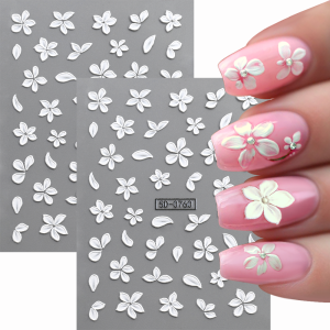 1/2Pcs 5D Embossed White Flower Nail Stickers Elegant Carved Blossom Self-Adhesive Nails Decals Spring Floral Manicure Sliders N