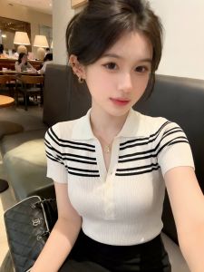 HUOLISI | Striped Knit Short Sleeve Polo Shirt Female Slim Fit Straight Shoulder White