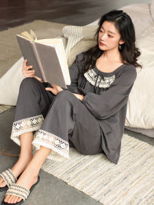 Cotton Long-sleeve Round-neck Grey Lace Home Wear Set