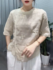 QINGNAER | Plus Size New Chinese Style Embroidery Literary Short Sleeve Shirt