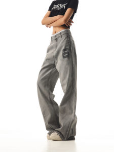 Washed American High Street Micro Flare Jeans Women Loose Casual Floor Length Trendy Cotton Natural Waist Zipper Closure