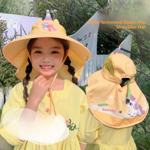 Unicorn Solar Fan Hat Childrens Outdoor Sunscreen Cap Large Brim Summer Neck Protection Hat Girls Cartoon Style Fan Hat