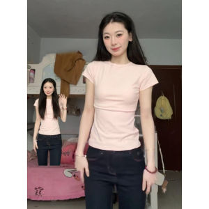 เสื้อยืดคอกลมแขนสั้นผ้าฝ้ายแท้สไตล์อเมริกันย้อนยุคสีชมพูสำหรับผู้หญิงในช่วงฤดูร้อน เสื้อผ้าทำงานสไตล์เกาหลีทรงหลวมสบายๆ