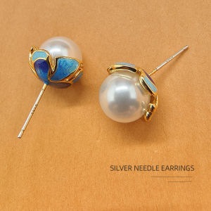 Exquisite Blue Pearl S925 Silver Needle Earrings Chinese Style Fashionable Drip Glaze Ear Jewelry Elegant Design
