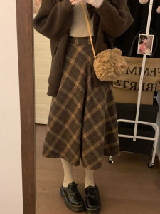 Coffee Color Plaid Woolen Skirt Fall and Winter 2024 New Arrival 145xxs Small Umbrella Skirt High Waist A- line Midi Skirt