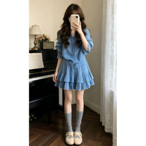 LIRUSHAN | Elegant Youthful Blue Ruffle Shirt Dress Set