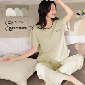 MiiOW | Bộ đồ ngủ nữ mùa hè có đệm ngực Áo cổ tròn tay ngắn Quần dài màu trơn cỡ lớn mặc ở nhà thoải mái thoáng khí