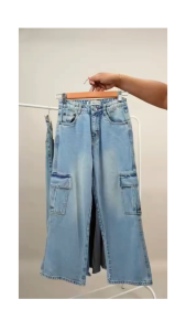 Girls Wide Leg Cargo Jeans Sky Blue
