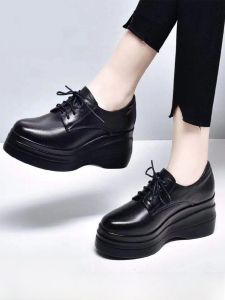 SHIPAILUO | Womens Thick Heel Platform Shoes Spring New Style Black Deep Mouth High Heels Slope Heel Heightening Single Shoes Leather