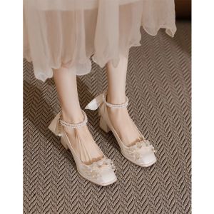 High Heel Mary Jane Wedding Shoes for Bridesmaids And Engaged Women Summer New Chinese Style with Horse Face Skirt Thick Heel Cheongsam Single Shoes