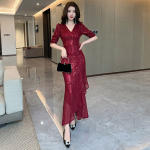 Elegant Red Sequin Fish Tail Dress for Party Hostess High End Luxury French Style Evening Gown V Neck a Line Long Skirt