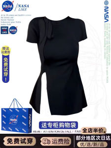 Nasa Butterfly Knot สีดำ เสื้อยืดแขนสั้นแยกผู้หญิง ฤดูร้อน หลวม เรียบหรู ดีไซน์ สไตล์ลำลอง เสื้อท่อนบน โพลีเอสเตอร์ 100%