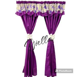 2 pcs big curtain & 2 pcs cute flower tie - Standard Size Violet Color for Window or Door Curtains 60x70 inches or 6ft Geena Fabric