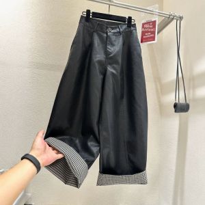 YEBO | Oversize European Style Check Hem Wide Leg Pants Loose Leisure PU Leather Both Gender Spring Autumn