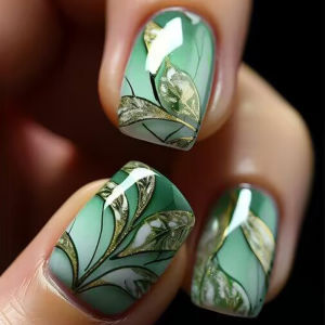 Medium long fake nails for women Gradient green glossy shimmer or sparkling leaf design waterdrop almond tips press on nail art