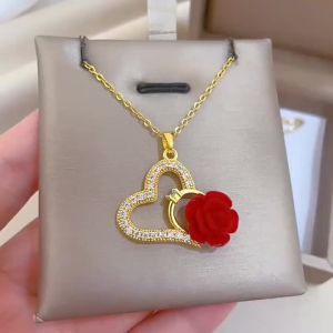 Light luxury Heart Inlay Zircon Red Rose Pendant  Stainless Steel Necklace For Women Valentines Day Jewelry Gift