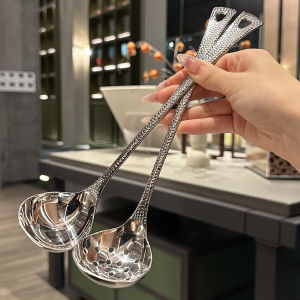 Thickened Long Handle Soup Spoon Hammered Pattern Stainless Steel 1810 Professional Kitchen Cooking Utensil for Soup And Porridge