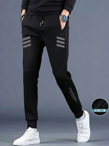 Mens Fleece Lined Trousers Casual Thickened Sports Pants mid Waist Zipper Closure Pocket Detail Printed Design Comfort Fit