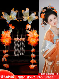 กิ๊บติดผมผ้าไหมลายผีเสื้อสไตล์ย้อนยุค กิ๊บติดผมรูปดอกไม้ เครื่องประดับผมหวานสำหรับเด็กผู้หญิง ชุดกิ๊บติดผมแบบยาว