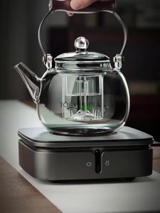 Ấm pha trà thủy tinh tay gỗ óc chó cao cấp 2 lõi lọc dung tích 1000ml đun trực tiếp trên bếp