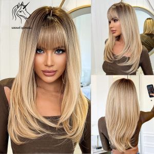 Blonde Unicorn ตรงวิกผมสีบลอนด์วิกผมสังเคราะห์กับ Bangs ทุกวันคอสเพลย์วิกผมผู้หญิง Dark Roots ความร้อนทนเส้นใยผม