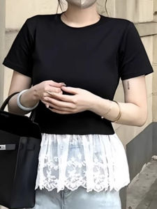 เสื้อยืดแขนสั้นผ้าฝ้ายแท้สไตล์บัลเล่ต์ ทรงเข้ารูป ทรงหลวม สำหรับผู้หญิงไซส์ใหญ่ ฤดูร้อน 2025 เสื้อชั้นในลายดอกไม้ คอกลม