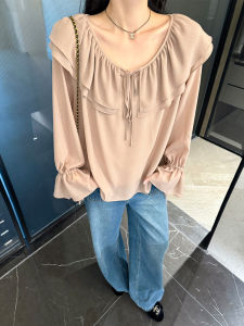 Zhou Miao Gold Mountain Tea Loose Fit Long Sleeve Chiffon Top with Embossed Edges Two Piece Set Elegant Commute Style