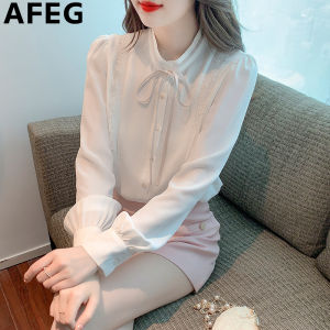 AFEG new Korean style bow fashion loose and versatile temperament chiffon long-sleeved blouse for women